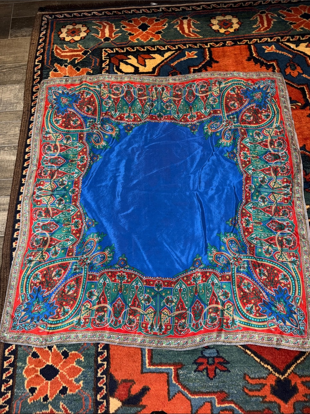 100% Silk ~Vibrant Blue Paisley Square Scarf 28" squared